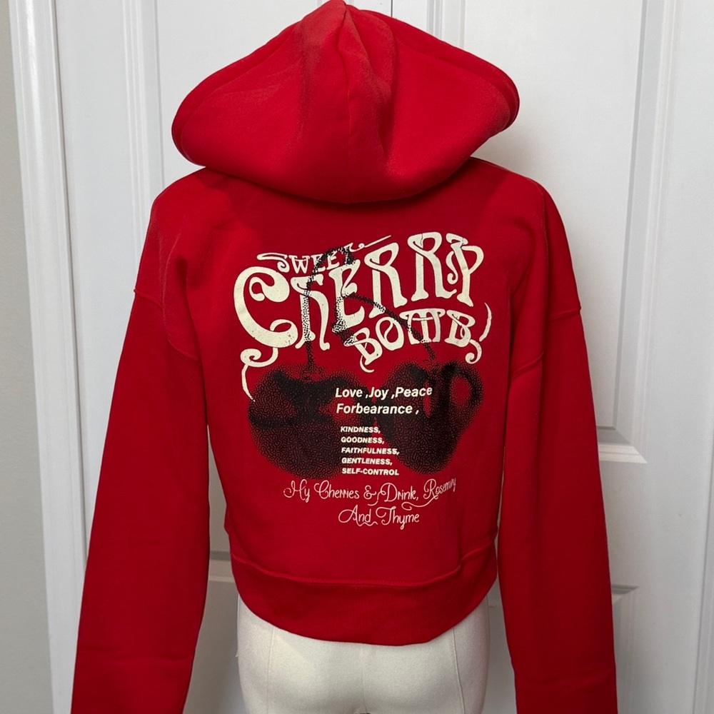 🍒 Red Cropped Hoodie with Cherry Design Small